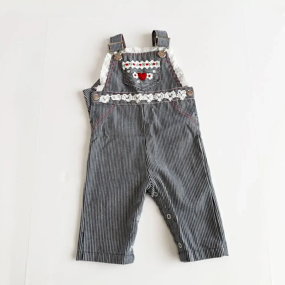 [Vintage] 80s Health-Tex Striped Embroidered Lace Ruffle Overalls Size 9 Months